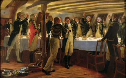 Admiral Nelson erhebt einen Toast auf den Sieg mit seinen Offizieren am Vorabend der Schlacht von Kopenhagen, 1. April 1801, 1898